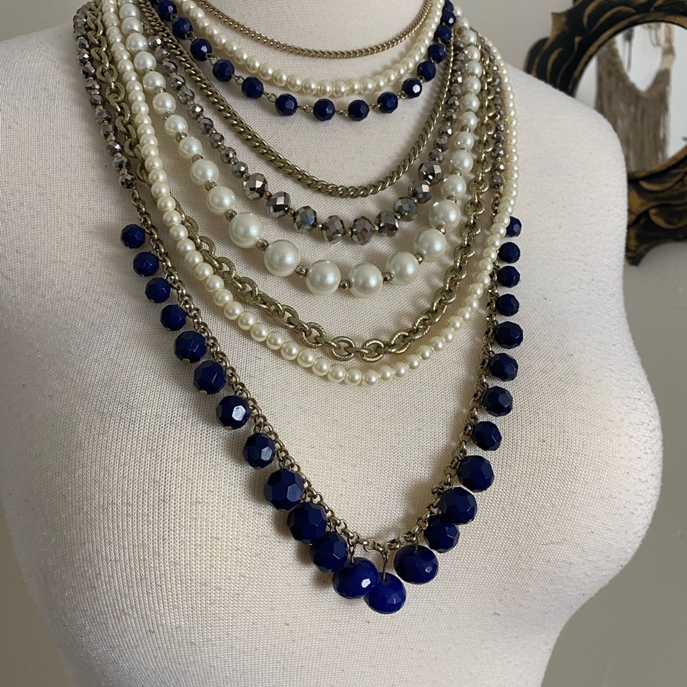 Offer?  AnnTaylor modern glamorous multi strand necklace chain pearl bold blue - Picture 2 of 10